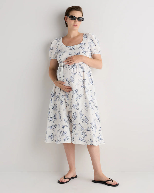 100% European Linen Maternity Short Sleeve Midi Dress - XS / Ivory Porcelain Blue Petite Floral