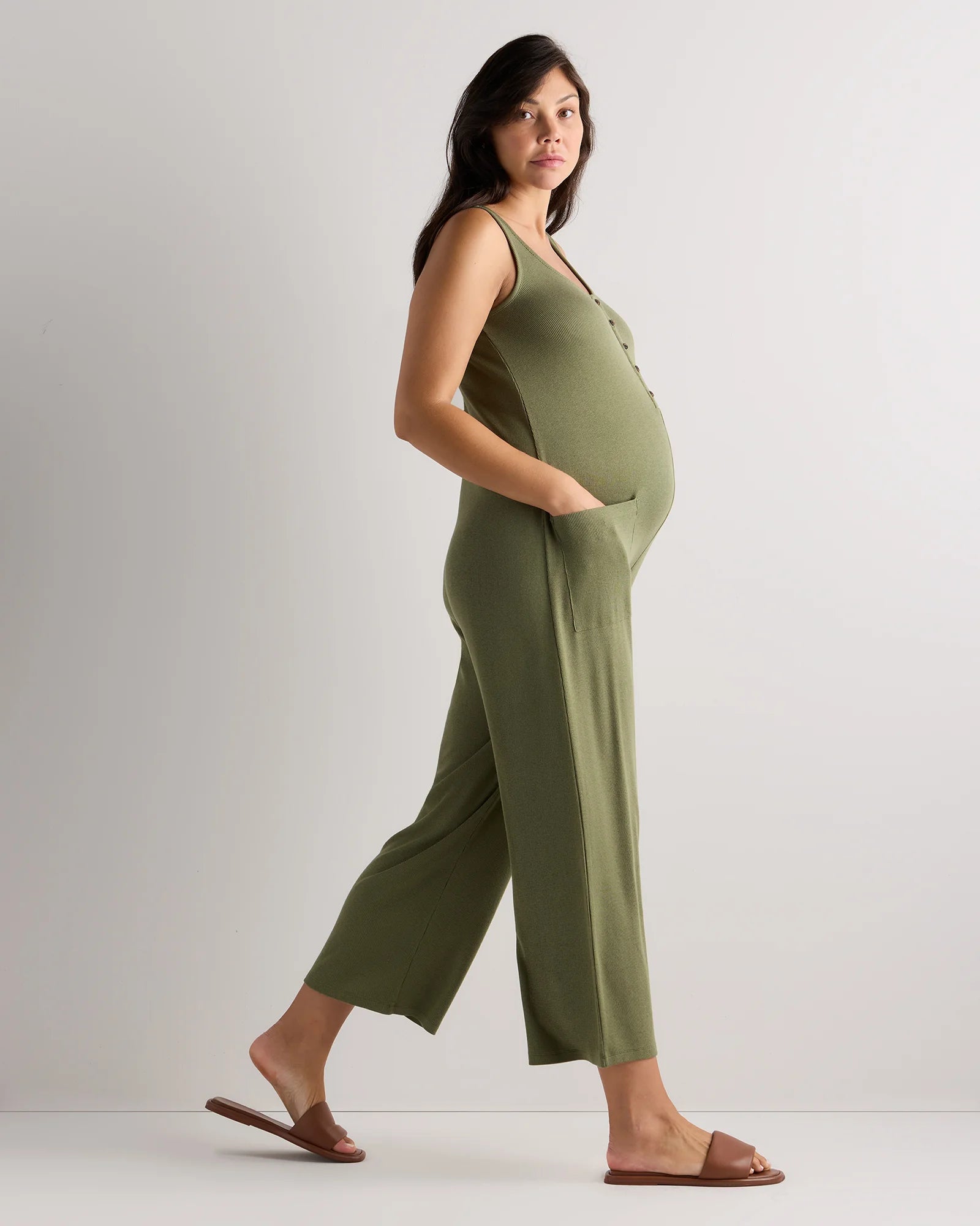 Bamboo Rib Maternity Button Front Jumpsuit - XS / Green Tea Secondary image