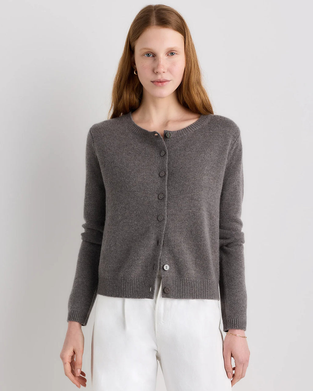 Mongolian Cashmere Cropped Crew Cardigan - XS / Heather Vintage Pink / Brown Variegated Stripe