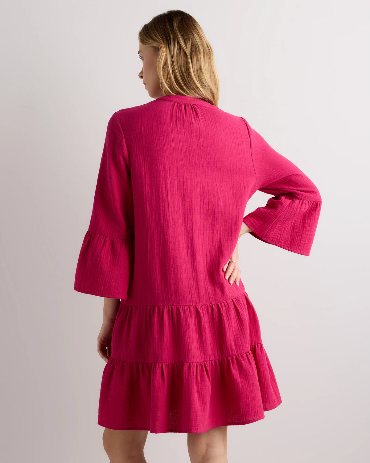100% Organic Cotton Gauze Long Sleeve Tiered Mini Dress - XS / Amaranth Pink