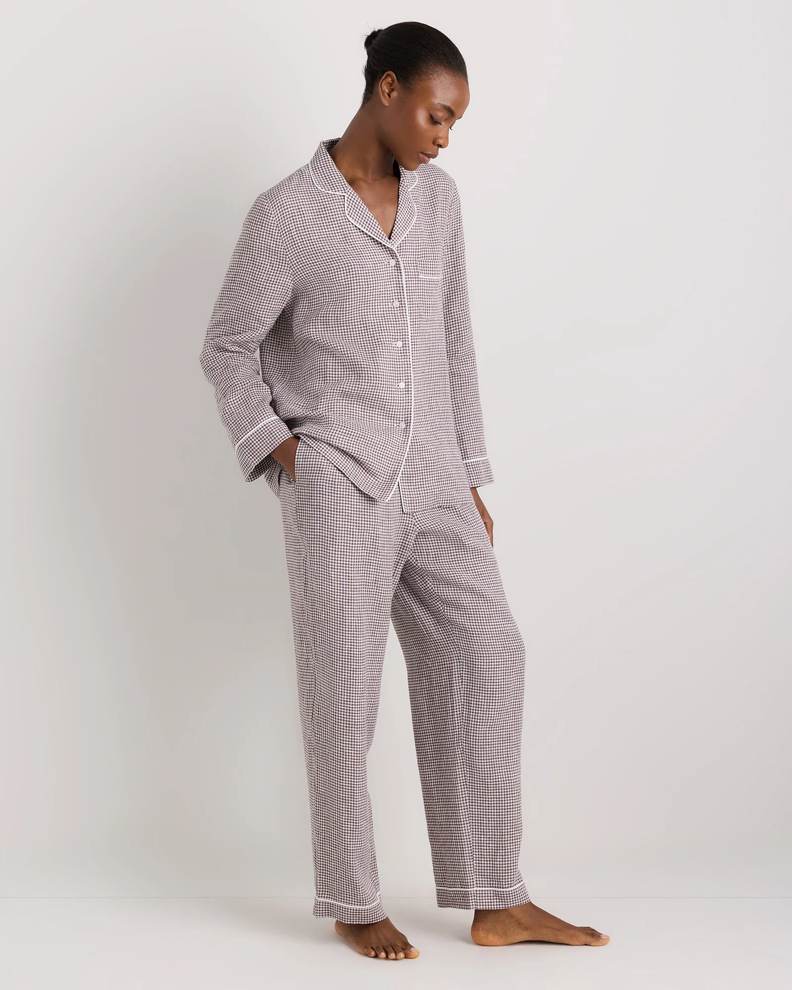 100% European Linen Long Sleeve Pajama Set with Piping - XS / Taupe Brown Gingham Secondary image