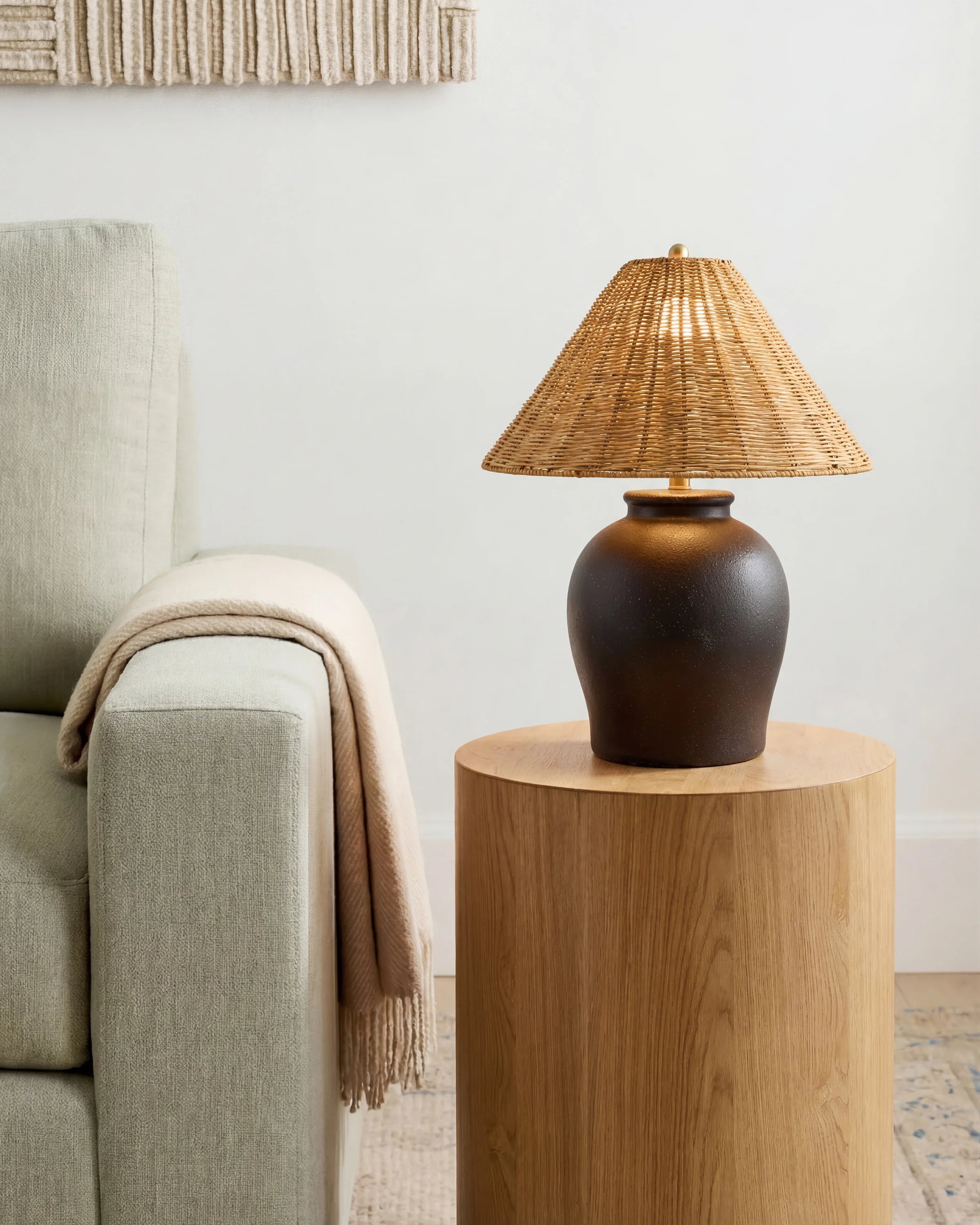 Artisan Ceramic Table Lamp with Rattan Shade - One Size / Black Secondary image