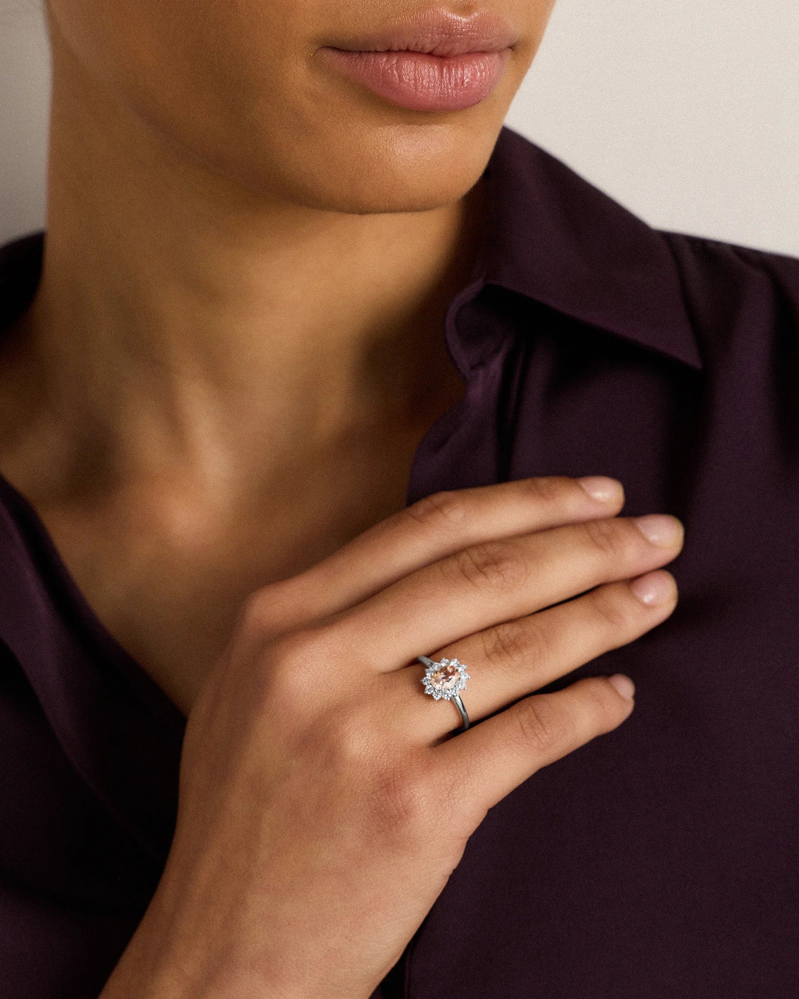 14K Gold Lab Grown Diamond and Morganite Halo Ring - 4 / White Gold Secondary image