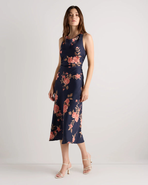 Washable Stretch Silk High Neck Midi Dress - XS / Vintage Navy Roses