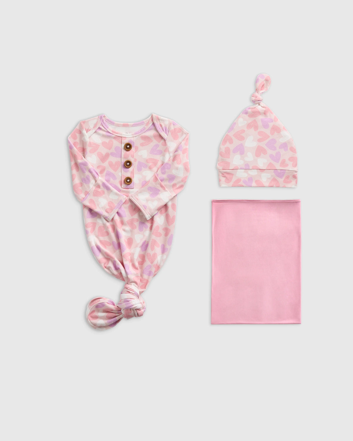 Bamboo Gown, Hat & Swaddle Layette Set - One Size / Lavender Hearts Main image