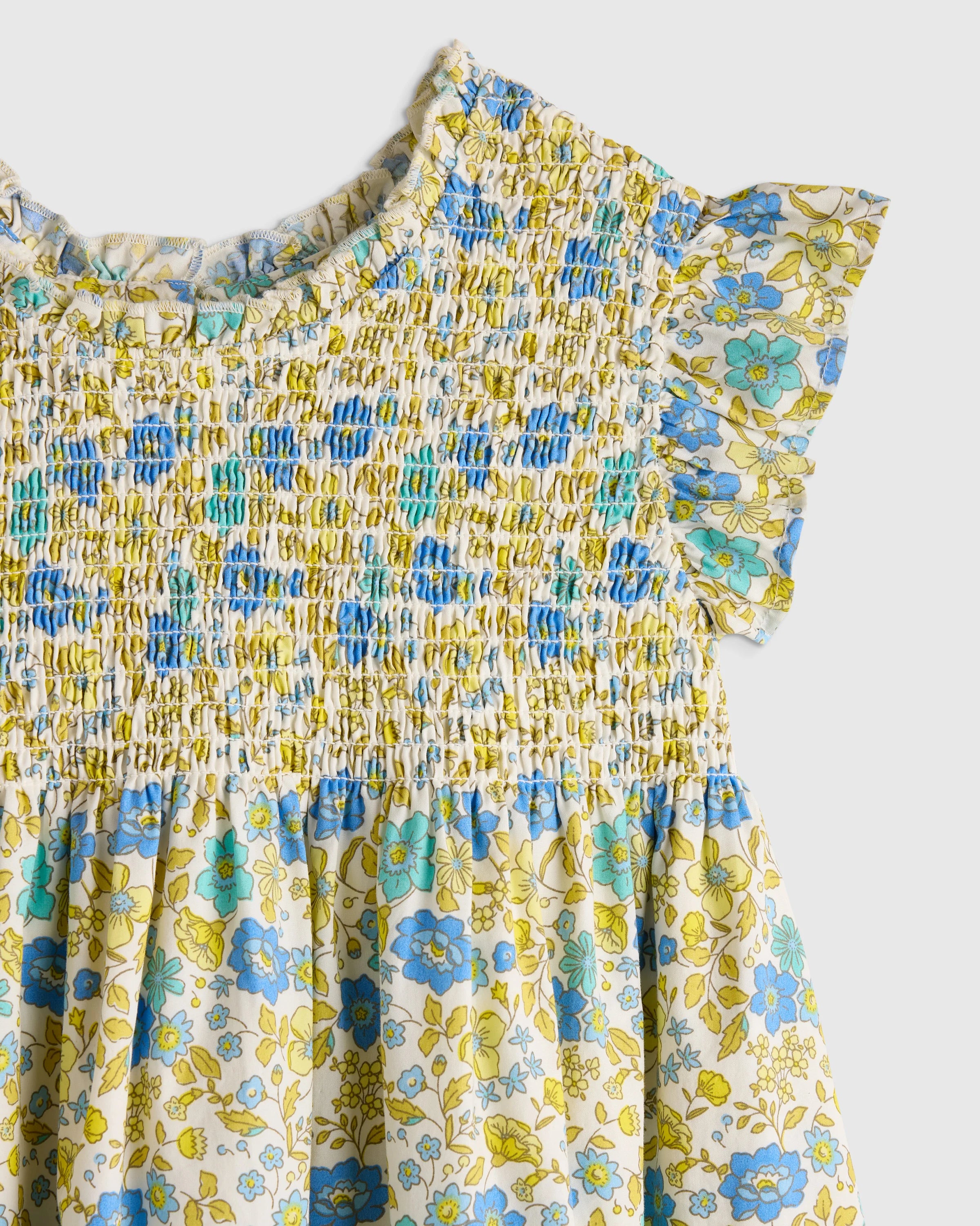 100% Organic Cotton Poplin Smocked Flutter Sleeve Dress - 2T / Blue Ditsy Floral Secondary image