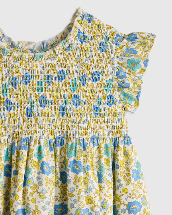 100% Organic Cotton Poplin Smocked Flutter Sleeve Dress - 2T / Blue Ditsy Floral