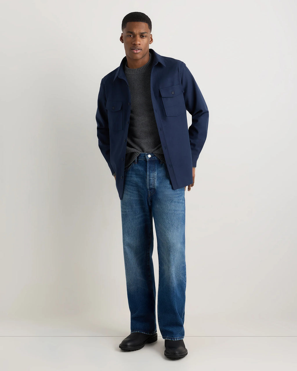 Brushed Cotton Wool Utility Overshirt - S / True Black
