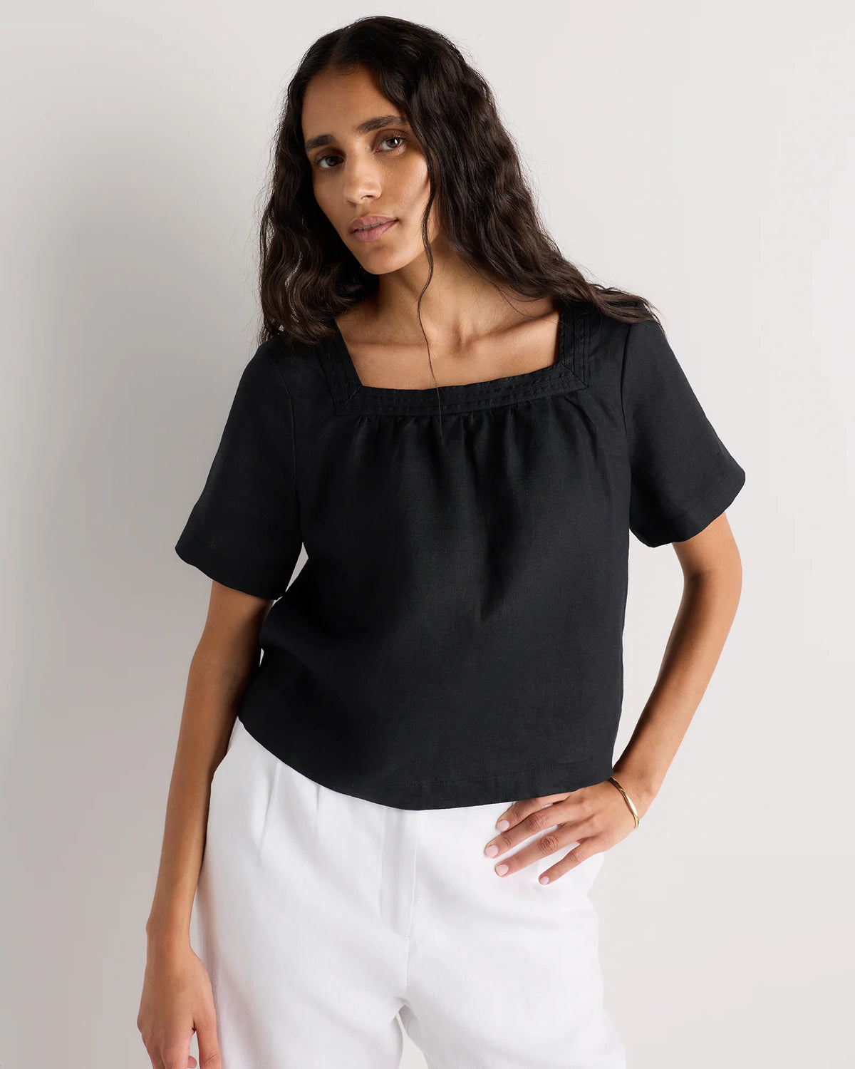 100% European Linen Square Neck Swing Top - XS / Black Main image