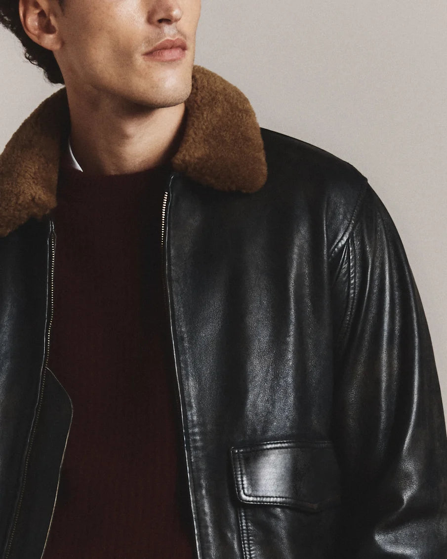 Shearling Collar Leather Flight Jacket - S / True Black Secondary image