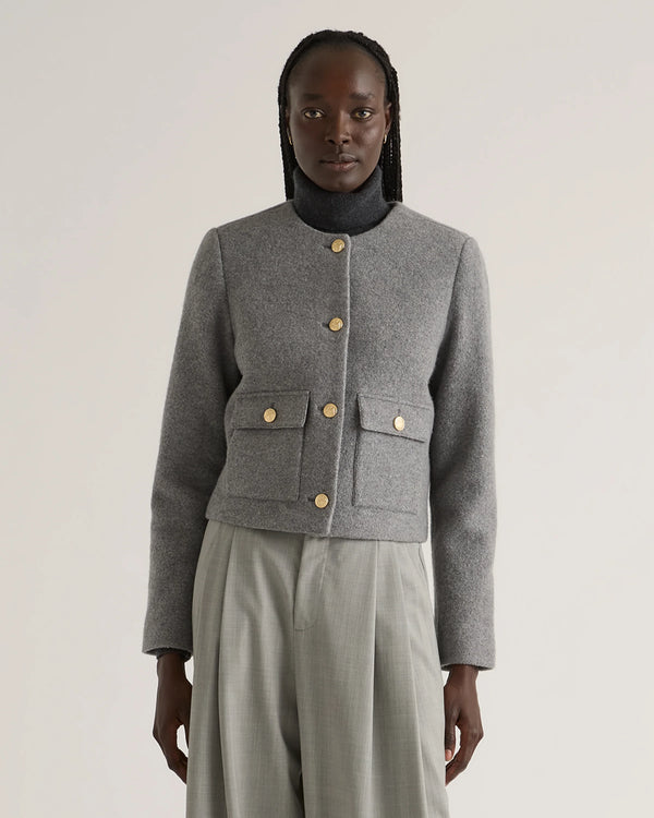 100% Merino Wool Collarless Cropped Jacket - XS / Heather Bone