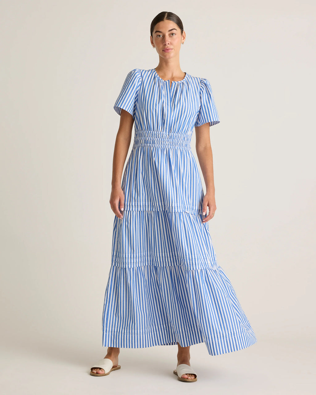 100% Organic Cotton Poplin Tiered Maxi Dress - XS / Riviera Blue Heirloom Floral