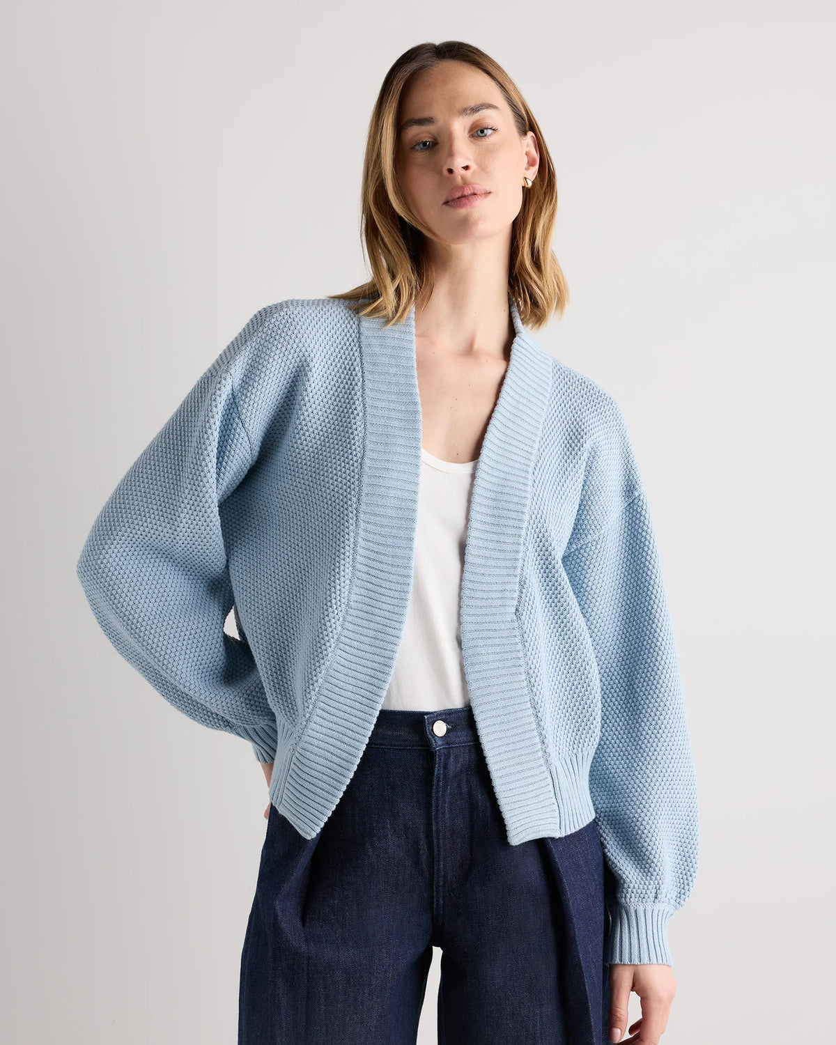 100% Organic Cotton Waffle Stitch Open Cardigan - XS / Sky Blue Main image