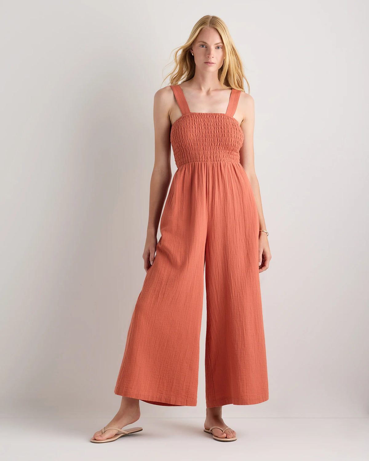 100% Organic Cotton Gauze Smocked Wide Leg Jumpsuit - XS / Spiced Orange Main image