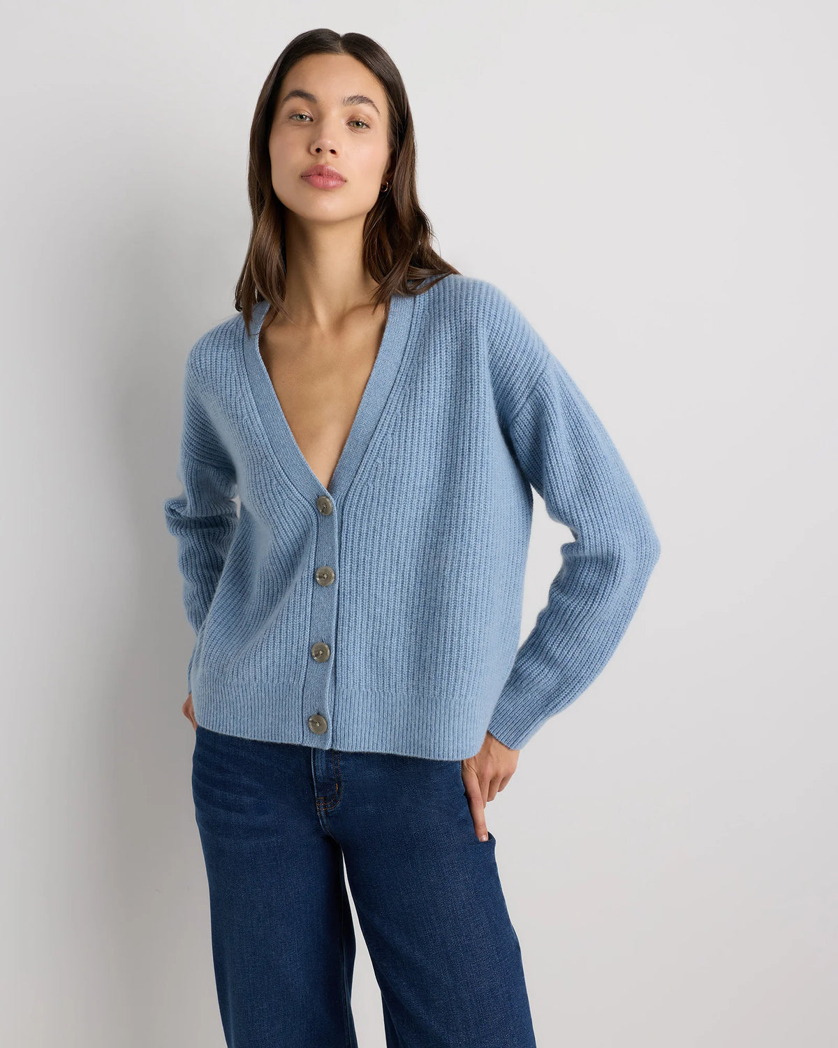 Mongolian Cashmere Fisherman Boxy Cropped Cardigan Sweater - XS / Faded Denim Main image