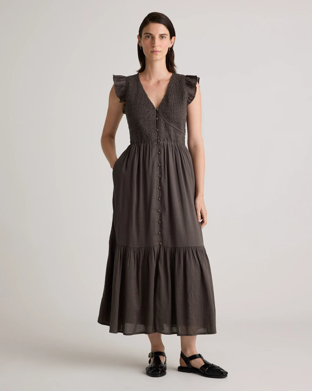 Organic Textured Cotton Smocked V-Neck Midi Dress - XS / Pale Custard Yellow