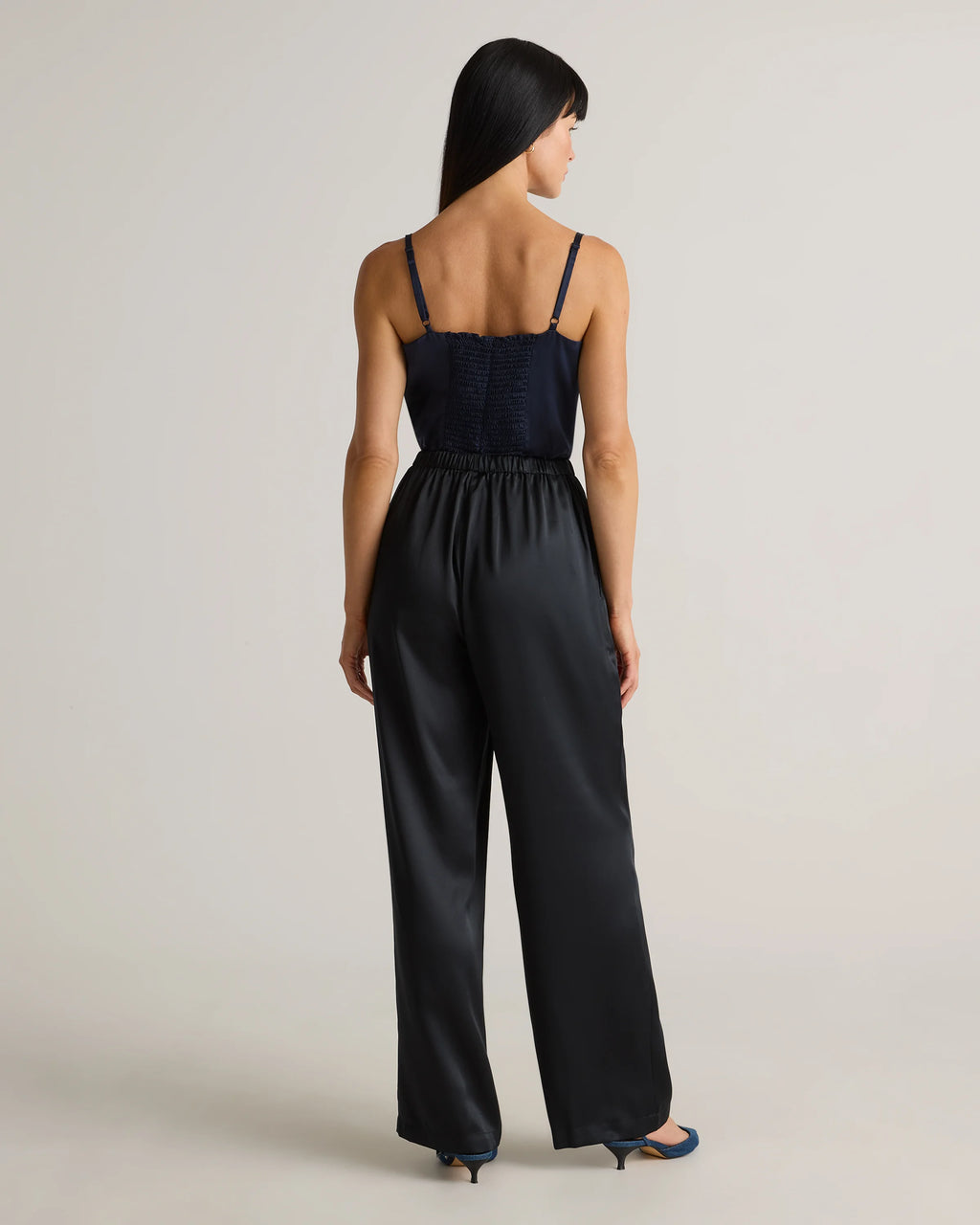 100% Washable Silk Drawstring Wide Leg Pants - XS / Champagne