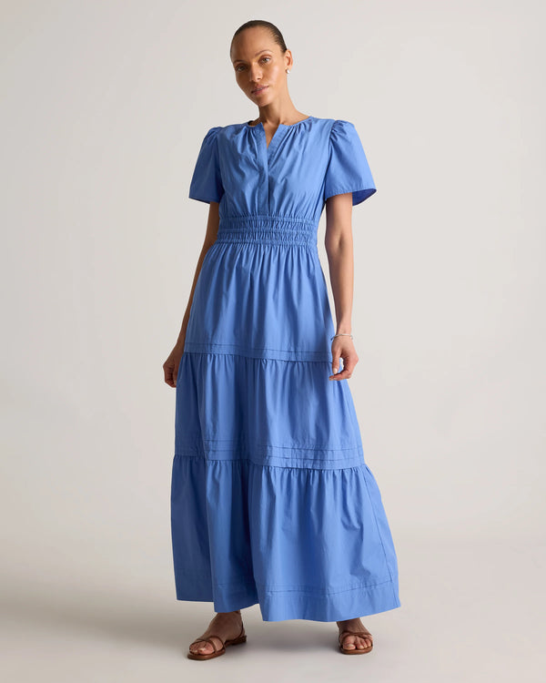 100% Organic Cotton Poplin Tiered Maxi Dress - XS / Riviera Blue Heirloom Floral