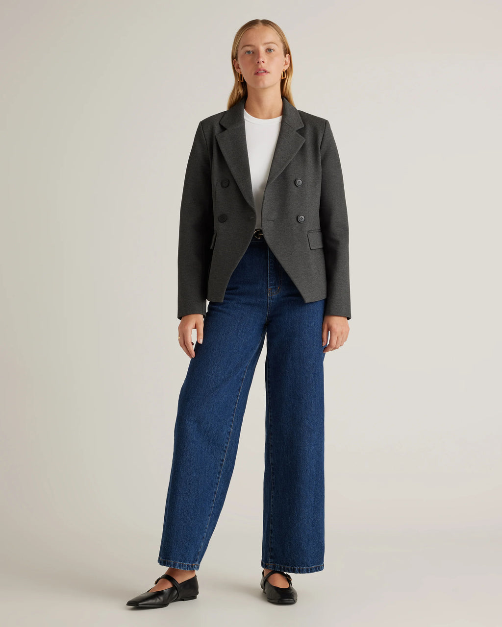 Ultra-Stretch Ponte Double-Breasted Blazer - XS / Charcoal
