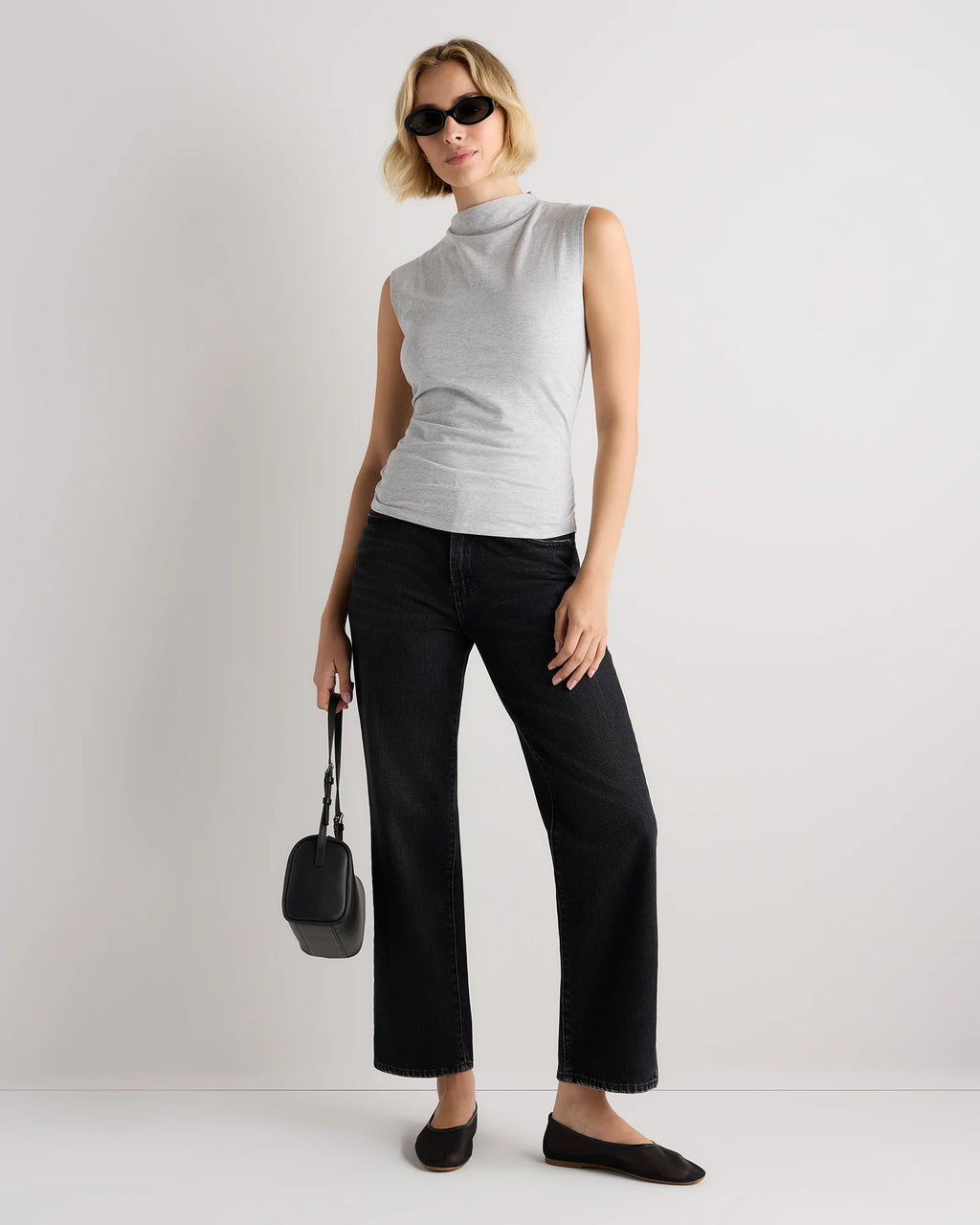 Stretch Cotton Jersey Sleeveless Mock Neck Top - XS / Heather Grey