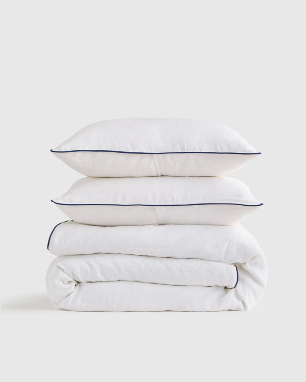 European Linen Piped Duvet Cover Set - Twin / White/Cherry