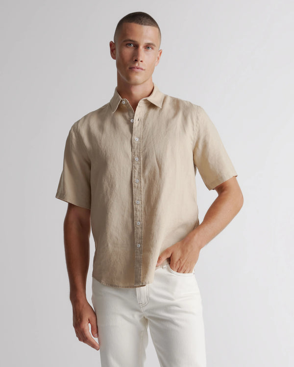 100% European Linen Relaxed Short Sleeve Shirt - XS / Taupe Brown Chambray