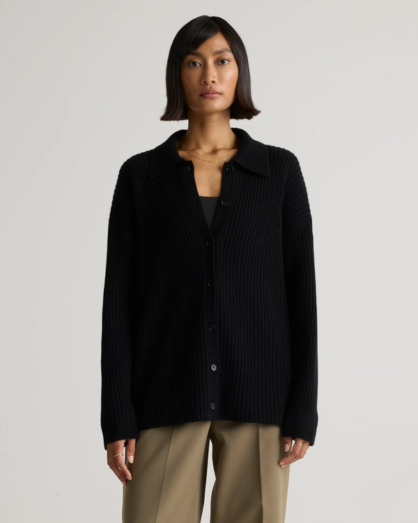 Mongolian Cashmere Wide-Rib Oversized Collared Cardigan - XS / Oatmeal
