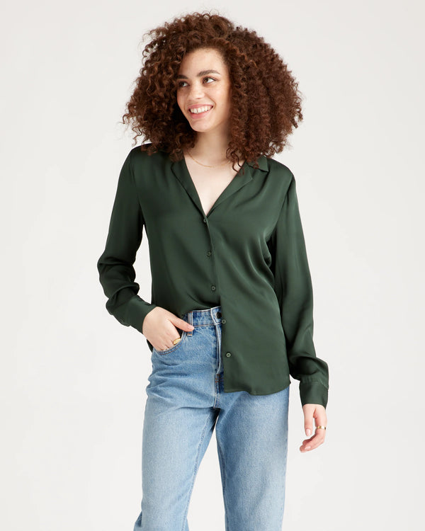 Washable Stretch Silk Notch Collar Blouse - XS / Moonstone Blue