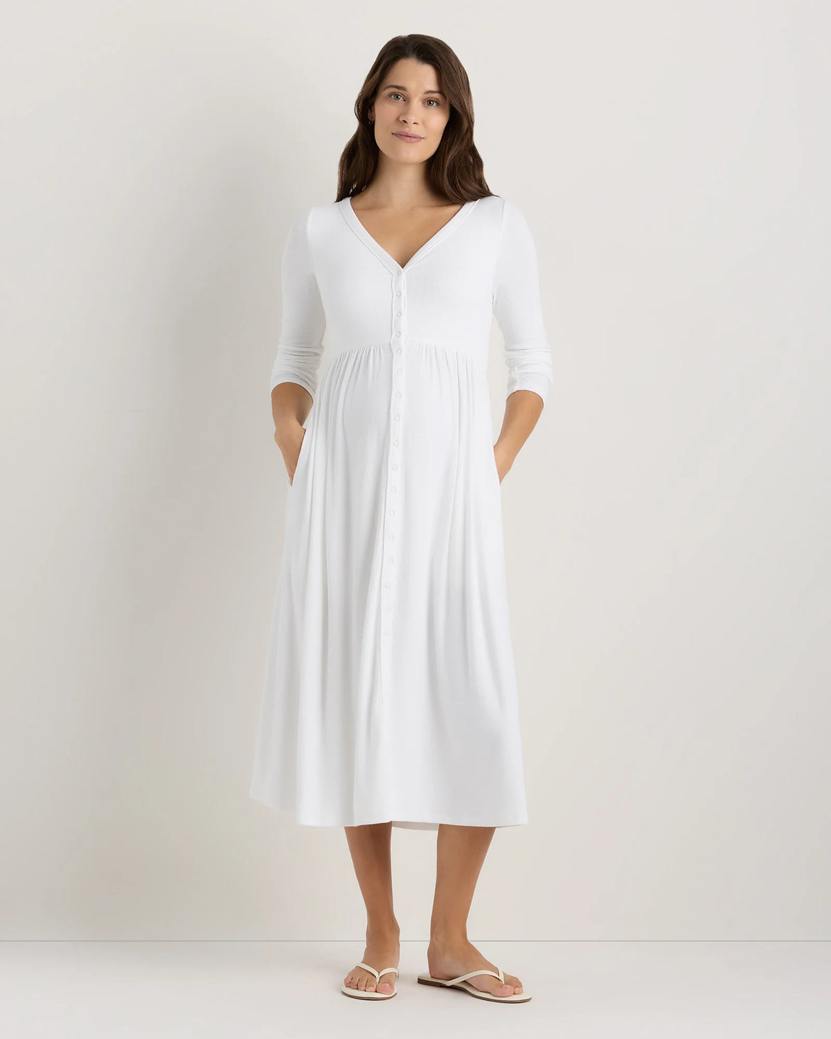 Bamboo Rib Maternity Long Sleeve Button Front Dress - XS / Classic White Main image