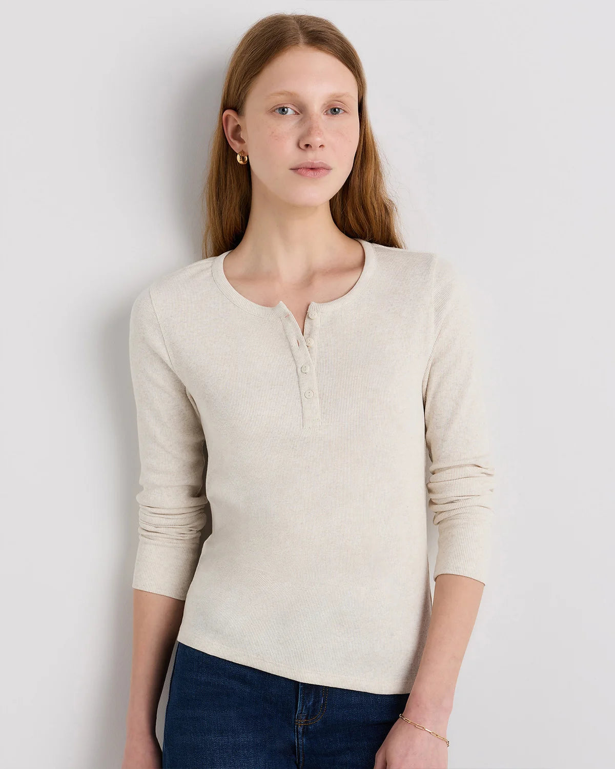 Organic Cotton Micro-Rib Henley Long Sleeve Tee - XS / Heather Oatmeal Main image