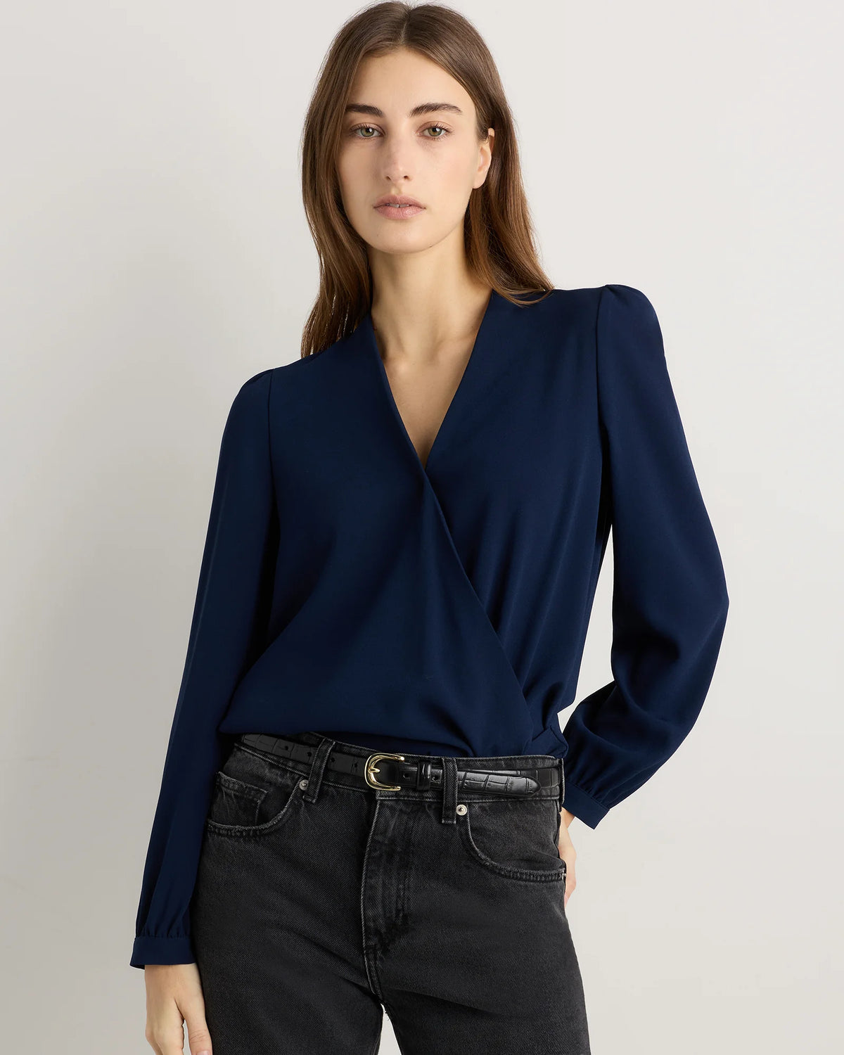 Fluid Crepe Surplice Long Sleeve Blouse - XS / Textured Navy Main image