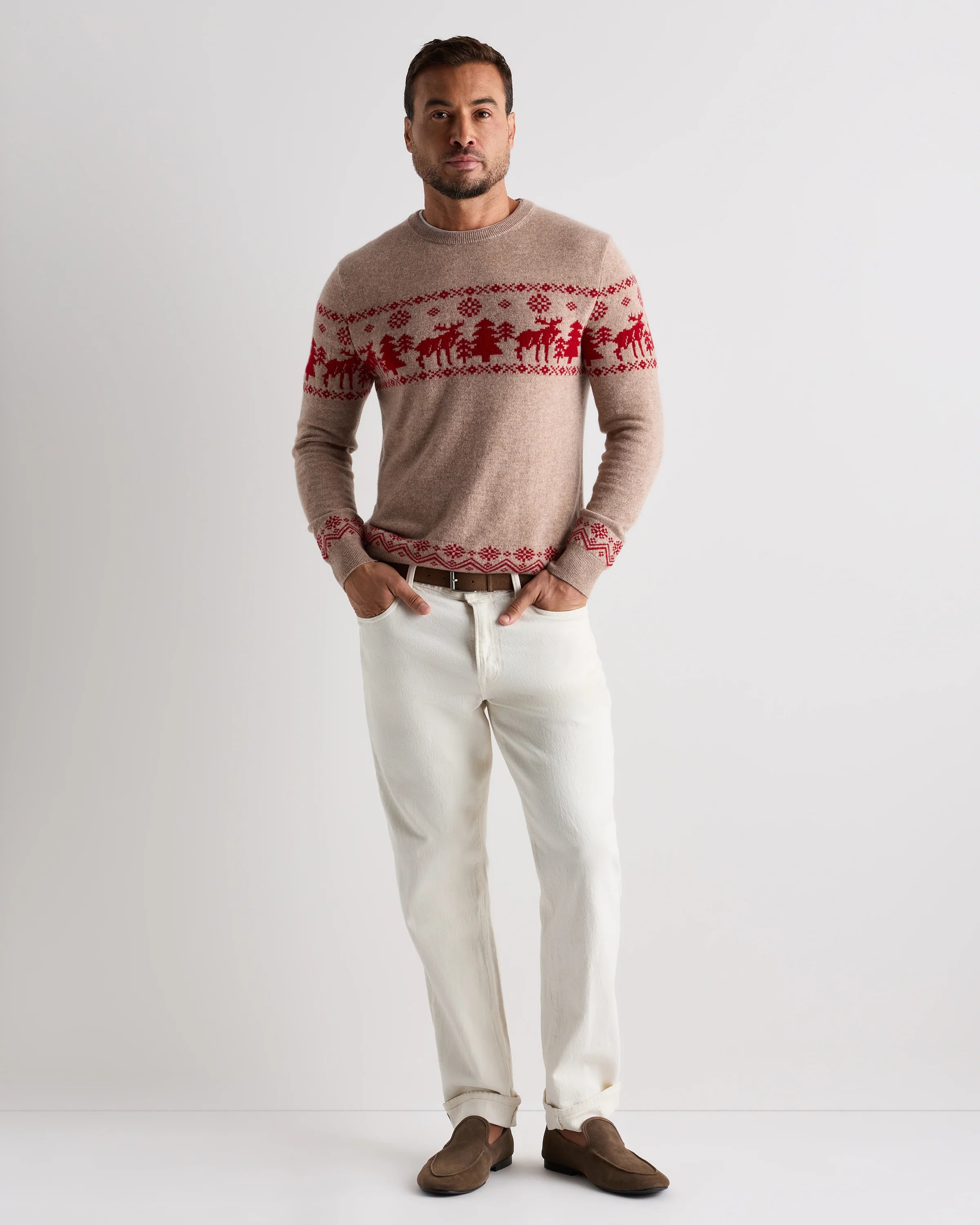 Mongolian Cashmere Fair Isle Christmas Sweater - S / Oatmeal/Varsity Red Secondary image