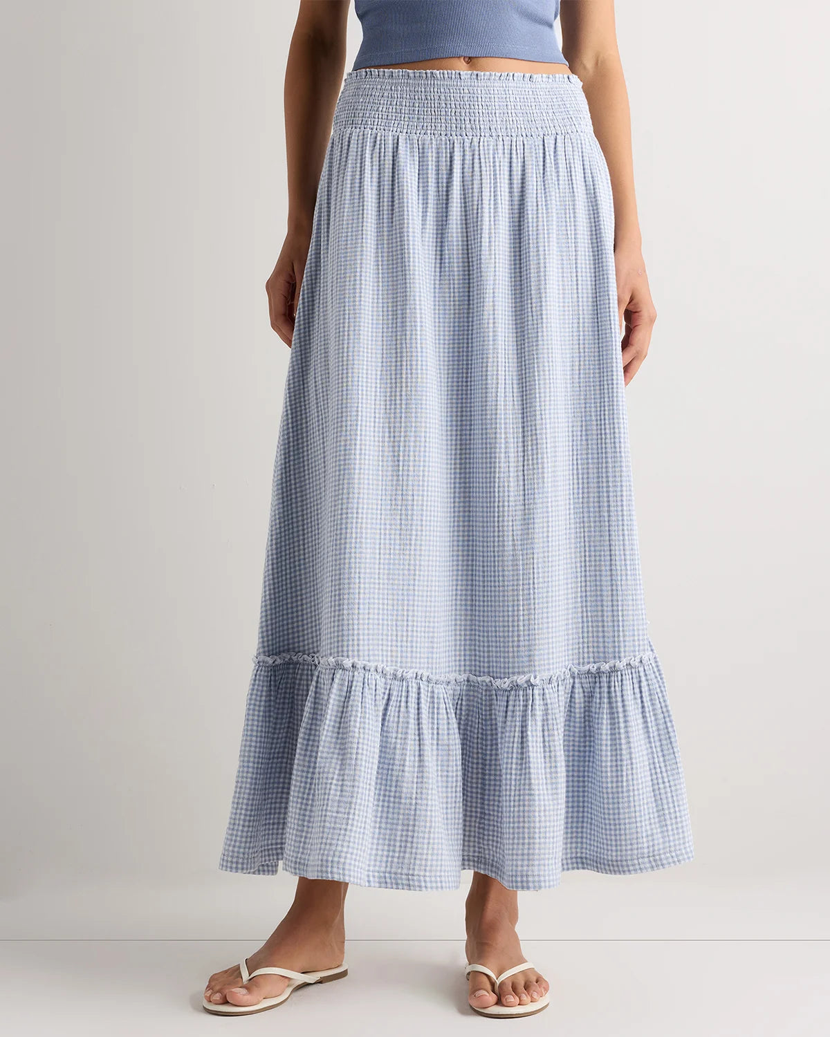 100% Organic Cotton Gauze Smocked Maxi Skirt - XS / Blue Gingham Main image