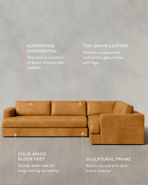 Sierra Curved Arm L Sectional in Leather - Right Arm / Auburn