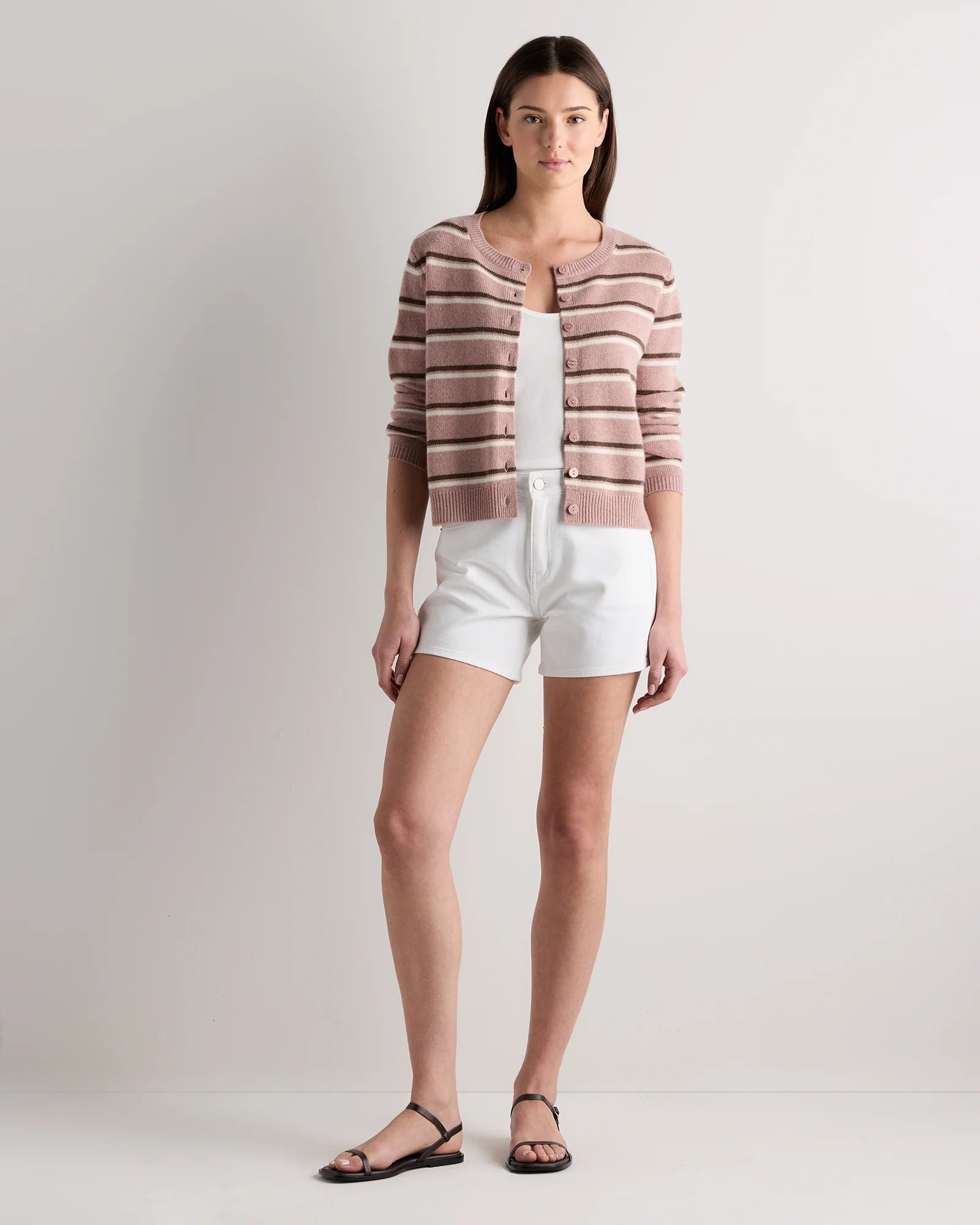 Mongolian Cashmere Cropped Crew Cardigan - XS / Heather Vintage Pink / Brown Variegated Stripe Secondary image