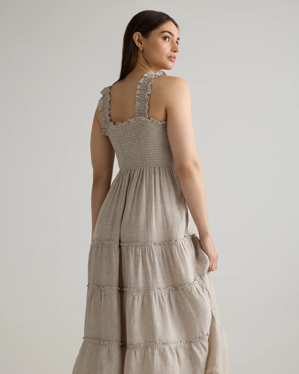 100% European Linen Smocked Midi Dress - XS / Ivory Porcelain Blue Petite Floral
