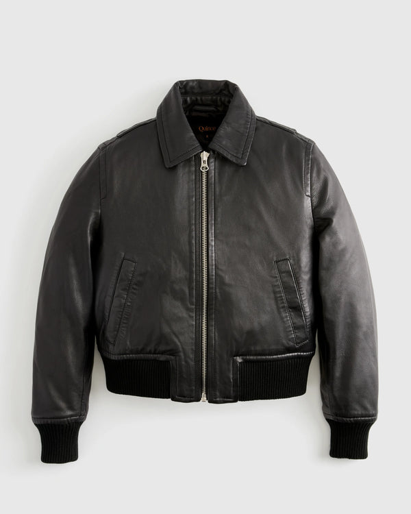 100% Washed Leather Bomber Jacket - XS / Black