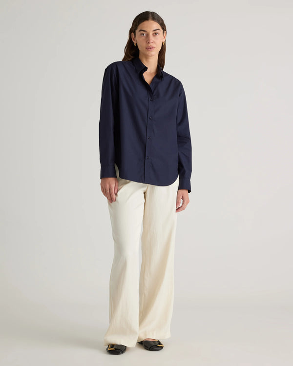 100% Organic Cotton Poplin Long Sleeve Shirt - XS / Delta Blue Double Stripe