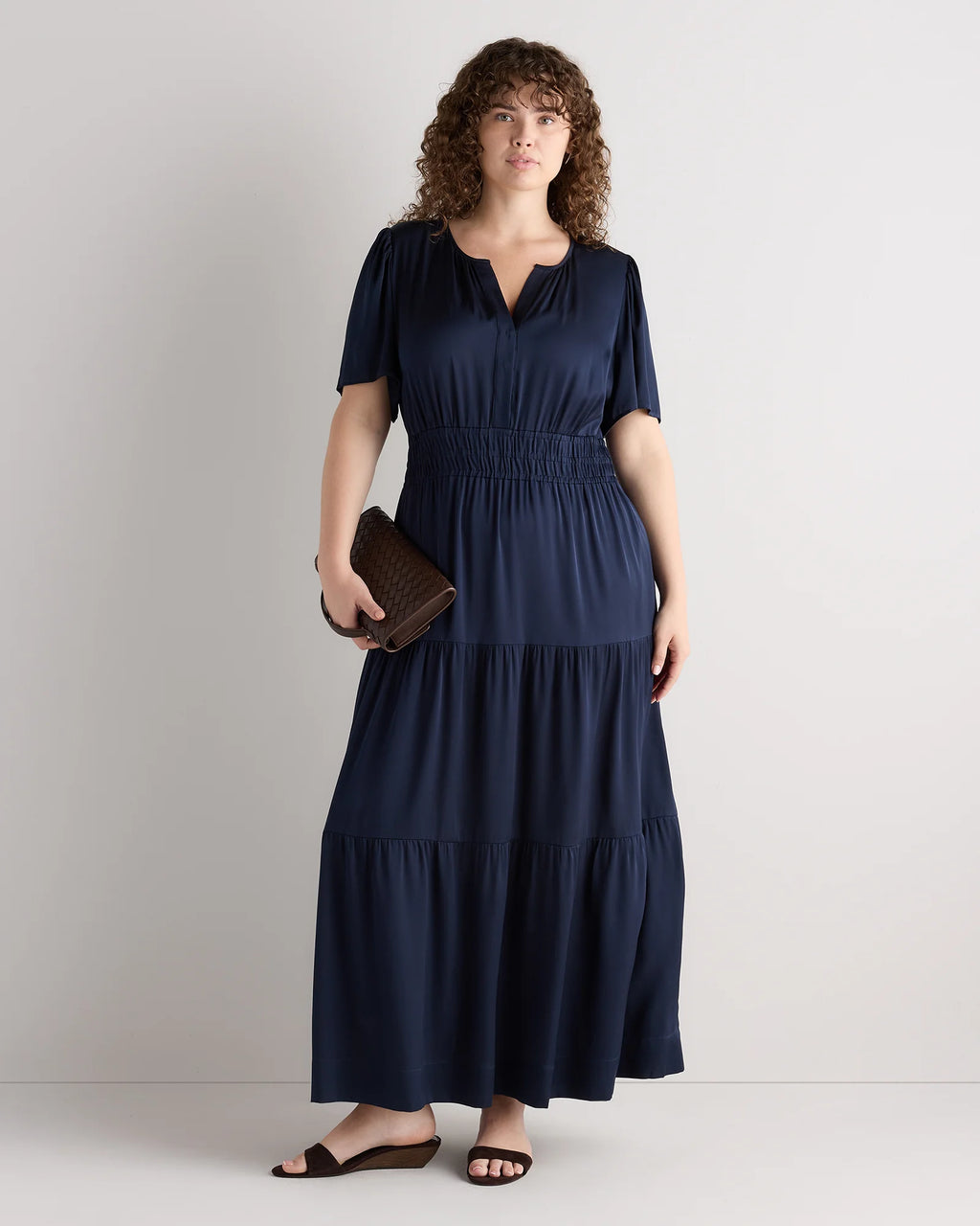 Washable Stretch Silk Tiered Maxi Dress - 1X / Navy