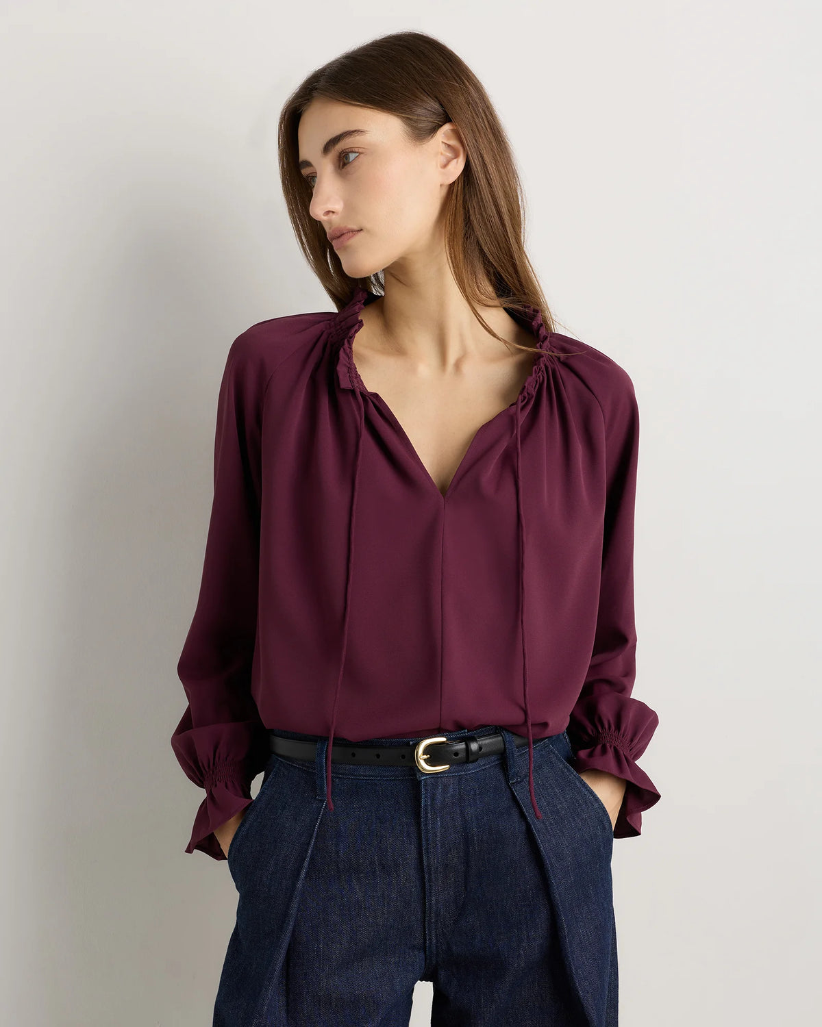 Drapey Chiffon Split Neck Long Sleeve Blouse - XS / Barolo Burgundy Main image