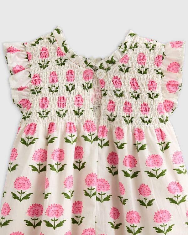100% Organic Cotton Poplin Smocked Flutter Sleeve Dress - 6 / Blue Ditsy Floral