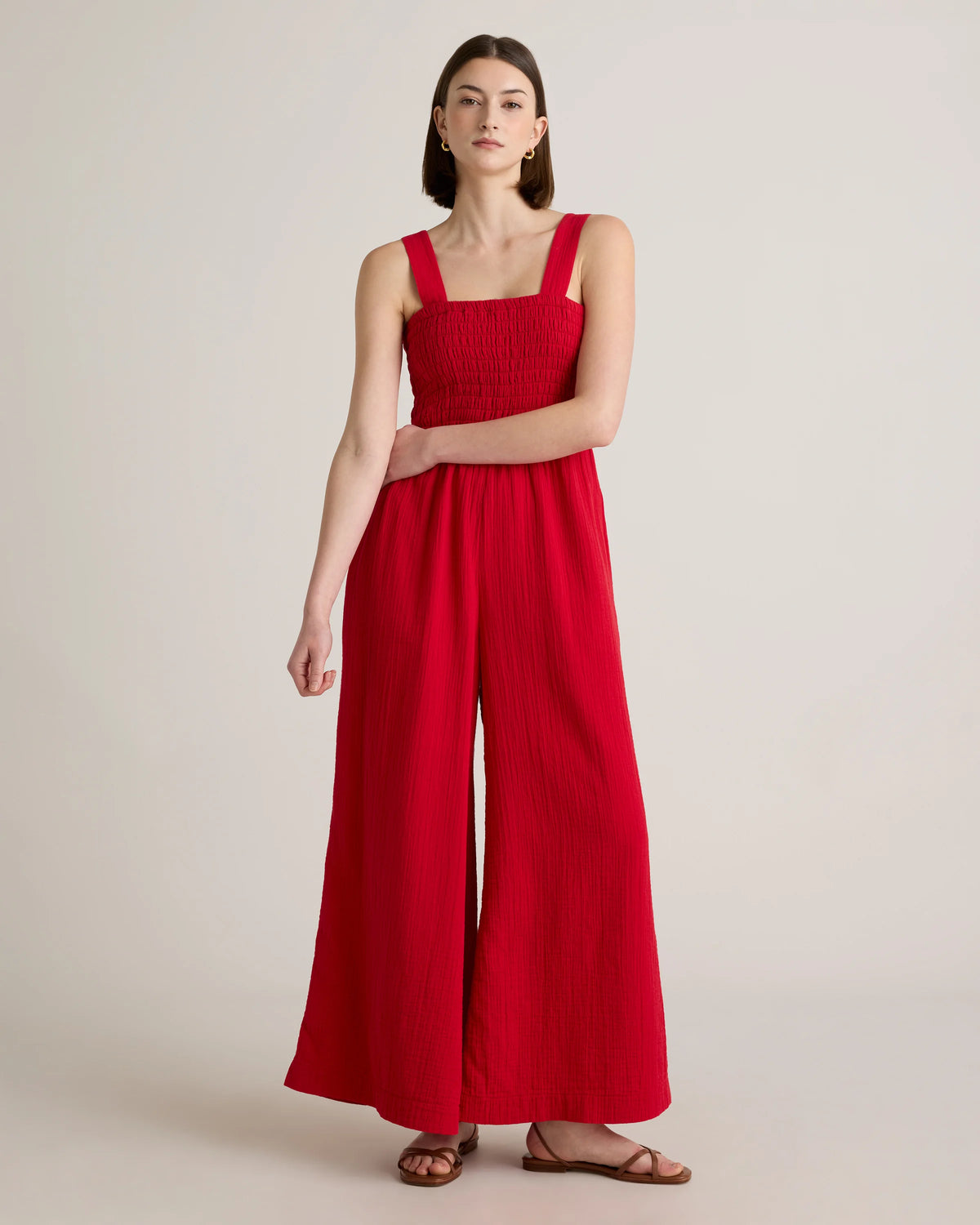 100% Organic Cotton Gauze Smocked Wide Leg Jumpsuit - XS / Wild Cherry