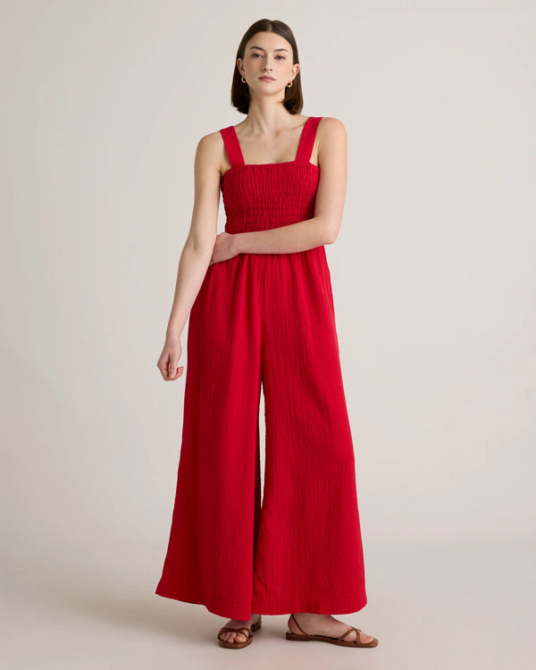 100% Organic Cotton Gauze Smocked Wide Leg Jumpsuit - XS / Wild Cherry