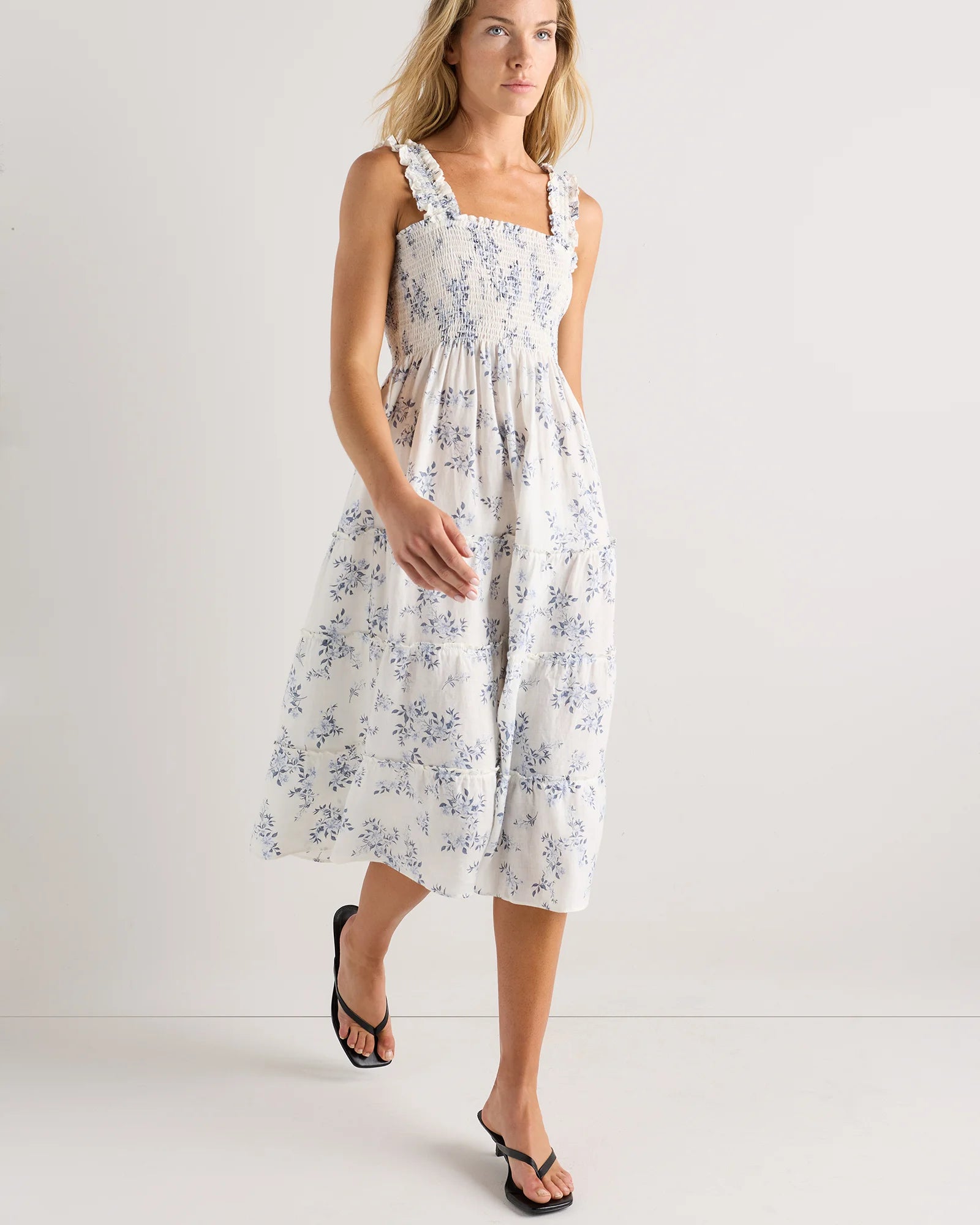 100% European Linen Smocked Midi Dress - XS / Ivory Porcelain Blue Petite Floral Secondary image