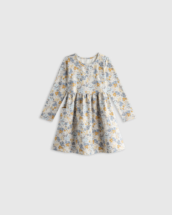 Organic Cotton Long Sleeve Fit and Flare Pocket Dress - 12-18M / Purple Poppy Garden