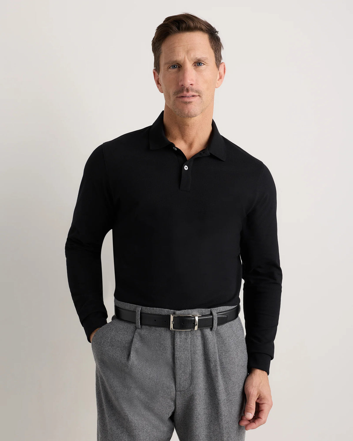 Organic Cotton Long Sleeve Pique Polo - S / Black Main image
