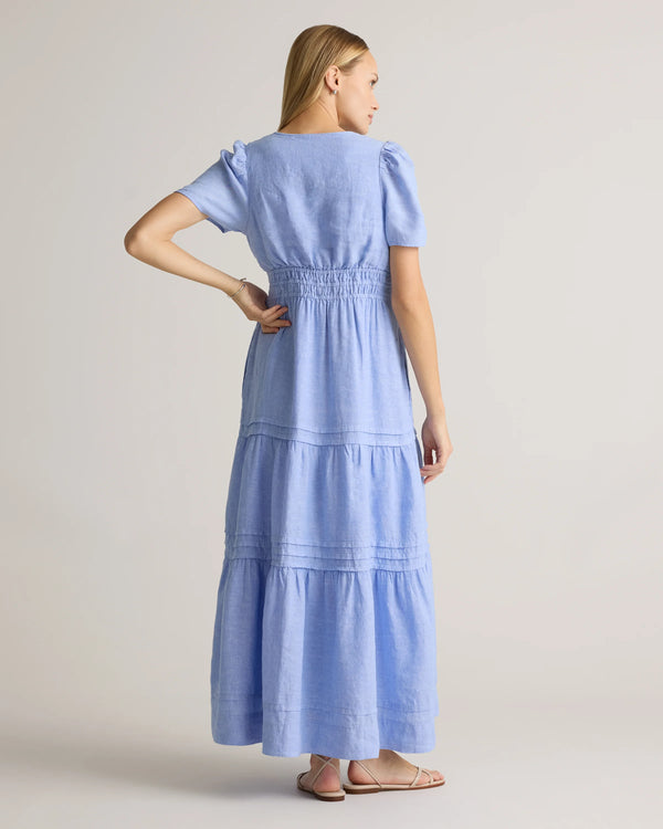 100% European Linen Tiered Maxi Dress - XS / Ivory Porcelain Blue Petite Floral