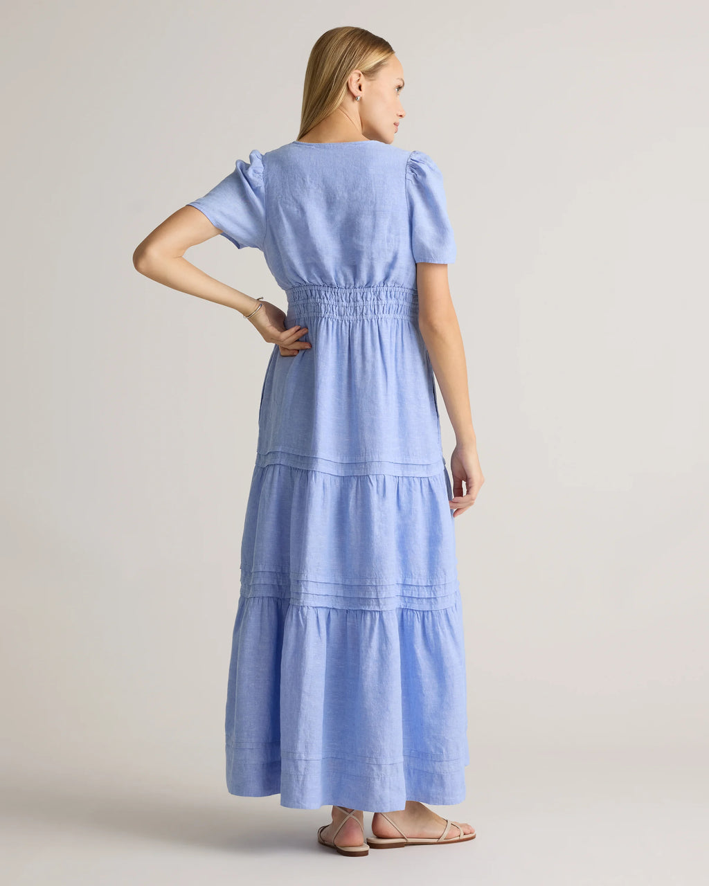 100% European Linen Tiered Maxi Dress - XS / Deep Navy