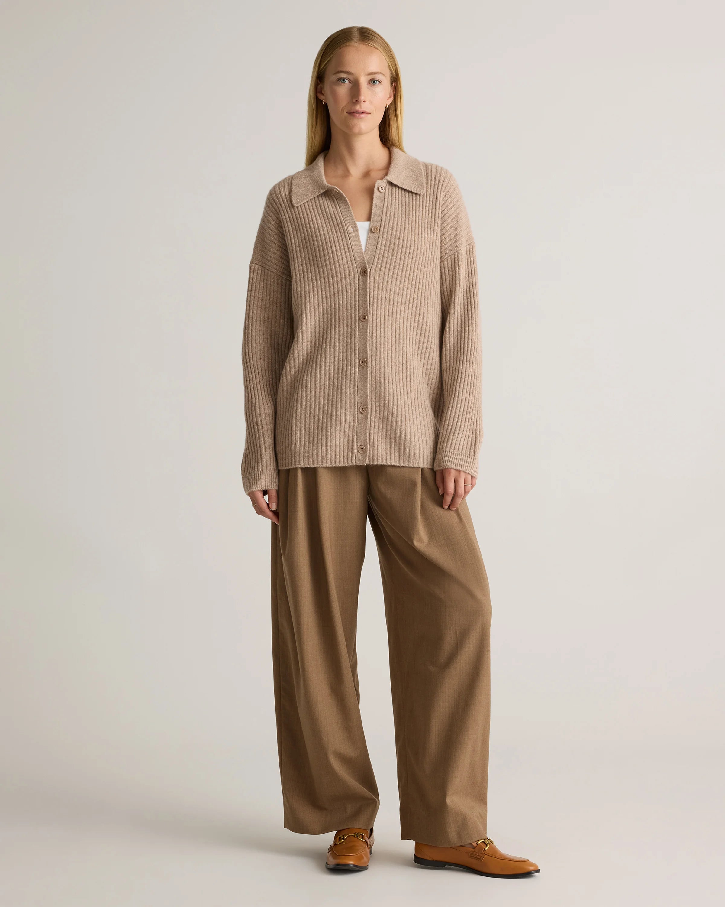 Mongolian Cashmere Wide-Rib Oversized Collared Cardigan - XS / Oatmeal Secondary image