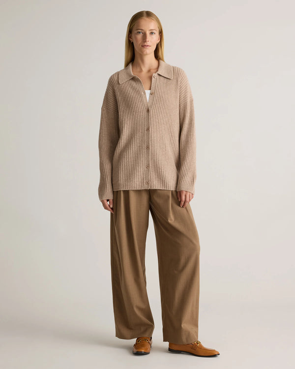 Mongolian Cashmere Wide-Rib Oversized Collared Cardigan - XS / Oatmeal